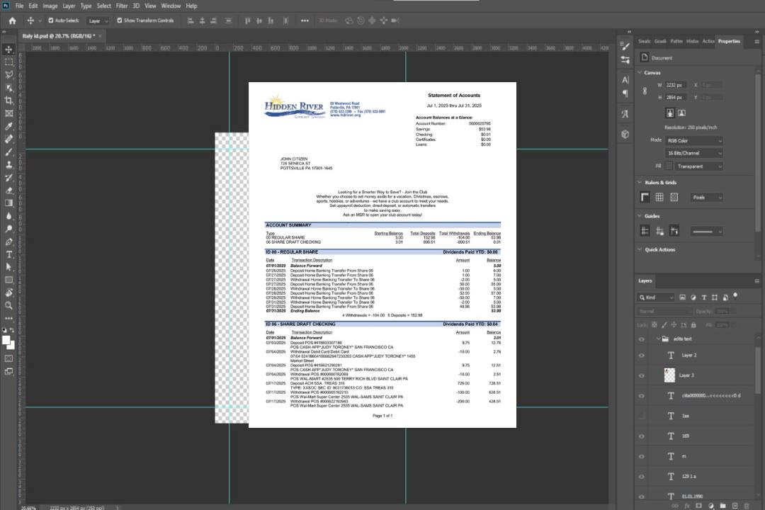 États-Unis Pennsylvanie Hidden River Credit Union relevé de compte Modèle Word et PDF template